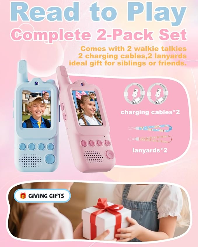Video Walkie Talkies for Kids 2 Pack Rechargeable Video Intercom with Voice Changer, 1300FT Long Range Radios, Camping Hiking Toys, Birthday Gifts for Boys Girls Ages 3-12 (Pink&Blue)