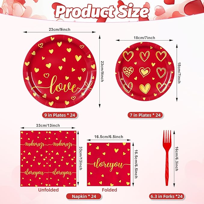 96 Pieces Valentine’s Day Love Tableware Set – Red and Gold Heart Disposable Plates, Napkins, and Forks for Romantic Dinners, Wedding, Anniversaries, and Valentine Celebrations – Serves 24 Guests