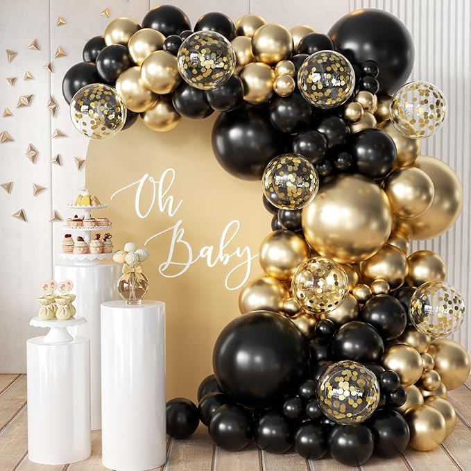 155Pcs Black and Gold Balloon Garland Arch Kit with Gold Confetti Balloons for Graduation New Year Birthday Wedding Party Decorations