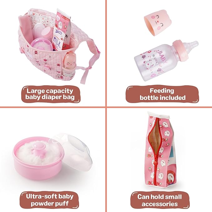 BABESIDE 9 Pcs Reborn Baby Doll Accessories Set for 17-22 Inch Reborn Dolls, Feeding and Care Set, Including Baby Doll Diaper Bag, 2 Diapers, Great for Children's Pretend Play (Doll not Included)