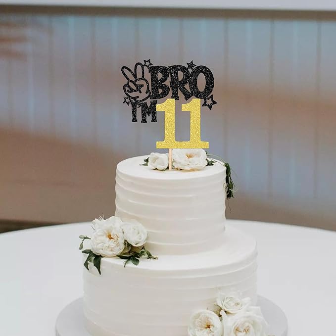 1 PCS Brother I'm 11 Cake Topper Glitter Star Happy 11th Birthday Cake Pick Bro I'm 11 Cake Decoration It's My 11th Birthday Decorations for Boys Cheers to 11 Years Old Birthday Party Supplies Gold