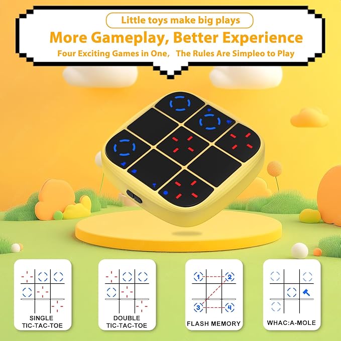 Rechargeable Tic-Tac-Toe Bolt Game, Upgraded 4-in-1 Handheld Puzzle Console, Electronic Educational Memory Game, Portable Travel Car Ride Board Games for Kids Adults (Yellow)