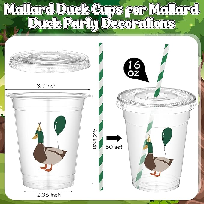 50 Pcs Mallard Duck Birthday Decorations One Lucky Duck Plastic Cups Bulk Birthday Party Favor Plastic Hunting Tumblers Baby Shower Party Supplies for Guest Gender Reveal Supplies