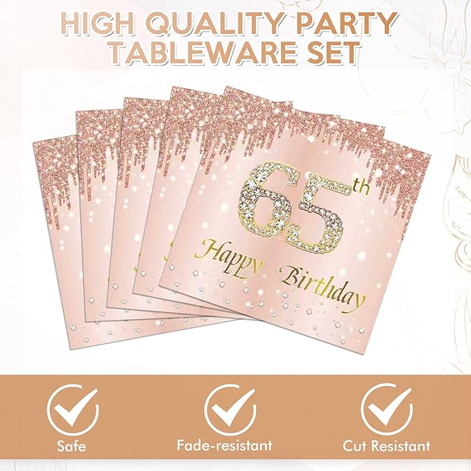 65th Birthday Decorations for Women Rose Gold 65th Birthday Party Paper Plates and Napkins 65 Years Old Table Decorations Happy Sixty-five Years Old Tableware for Woman Vintage 1961 65 Years Party