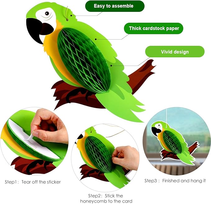 Blulu 10 Pieces Tropical Birds Honeycomb Paper Cutouts, Parrot Honeycomb, Hawaiian Summer Beach Luau Party Hanging Decorations for Tiki Bar Luau Summer Party Home Classroom Supplies