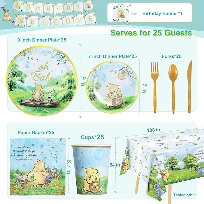 177pcs Vintage Winnie Bear Baby Shower Pooh Party Supplies Decorations Oh Baby Plates and Napkins Tableware Set for Boys Girls Newborn Kids Cups Tablecloth Banner Birthday Decorations for 25 Guests