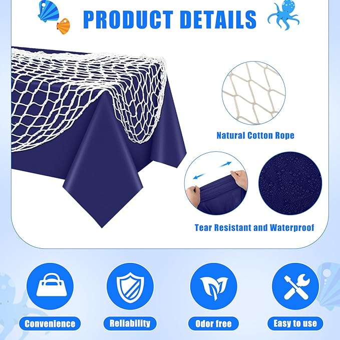 Unittype 6 Pcs Fish Net Decorative and Tablecloth Set, Cotton Fishnet and Plastic Table Cover Decorations Set for Nautical Themed Party Baby Shower Pirate Decorations Mermaid Party (Classic Color)