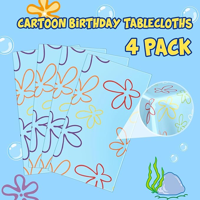 Oudain 4 Sheets Sponge Birthday Party Supplies Blue Ocean Flower Tablecloth 54 x 108 Inch Plastic Table Covers for Birthday Party Decorations