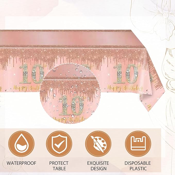 41 Pcs 10th Birthday Decorations for Girl,Rose Gold Happy 10 Years Old Ten Birthday Party Tableware Set 10th Birthday Party Plates and Napkins,Tablecloth for Kids Girls Teenager Favors