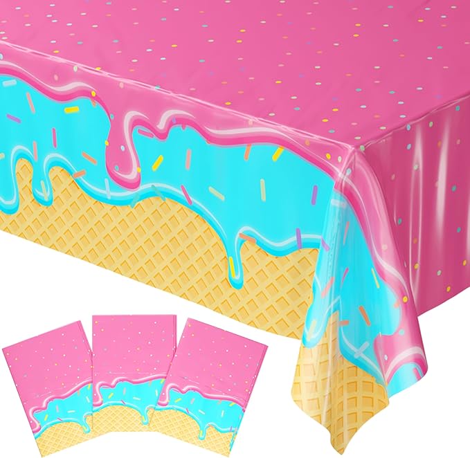Blue Orchards Ice Cream Table Cover (Pack of 3) - Ice Cream Party Table Cloth Disposable Tablecloth Plastic Table Cover Party Decorations Birthday Baby Shower Backdrop