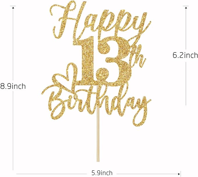 Happy 13th Birthday Cake Topper, 13th Birthday Decorations, Cheers to 13 Years, Hello 13, 13th Happy Birthday Party Supplies Gold Glitter