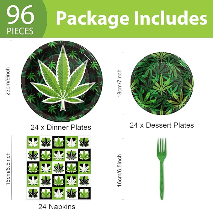 gisgfim 96 Pcs Weed Themed Plates and Napkins Party Supplies Green Pot Leaves Birthday Tableware Set Weed Party Decorations Favors for Adults Birthday for 24 Guests