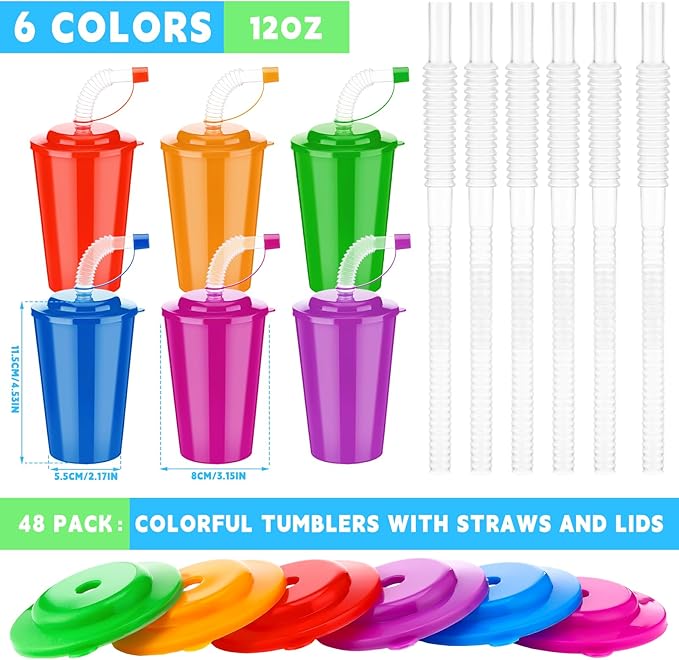 Zubebe 48 Pcs Neon Straws Cups 12 oz Colorful Neon Cups with Sipper and Lids Plastic Favor Reusable Straw for Birthday Party Events Supplies, 6 Colors