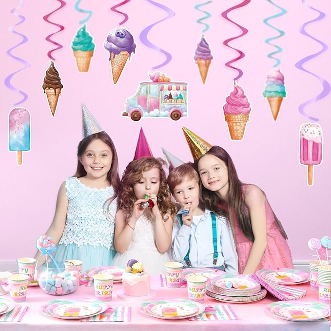 WERNNSAI 18PCS Ice Cream Hanging Swirls Party Decorations Summer Ceiling Streamers Decor Sweet Ice Cream Party Swirls Supplies for Girls Birthday Baby Shower