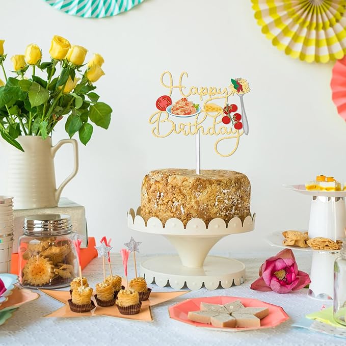Gold Glitter Happy Birthday Pasta Cake Topper Cheer to Food Spaghetti Theme Party Decoration Supplies Men Women Happy Birthday Anniversary Wedding Party Decor Supplies