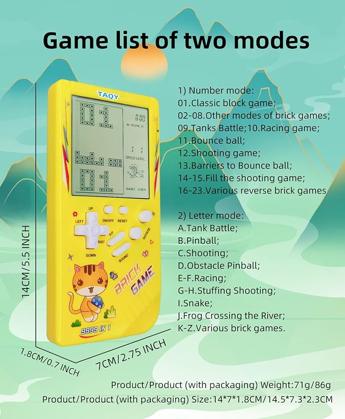 Cute Cat Pattern Block Game Console 23 Brick Games Racing/Tank Battle Retro Mini Game Machine Children's Game Console 70/80/90's Nostalgic Gifts Puzzle Toy Handheld Portable Game Device (Green)