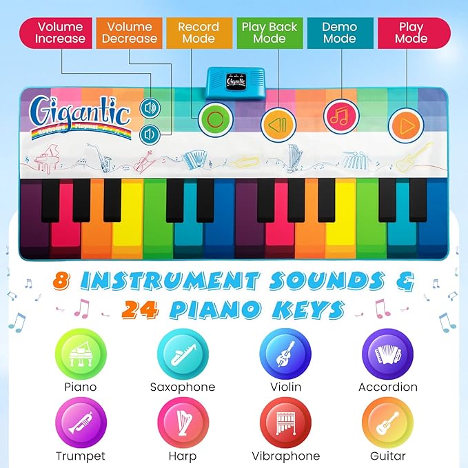 Costzon Floor Piano Mat for Kids & Toddlers, 6ft. Giant Piano Playmat Keyboard Dance Mat, 24 Keys, 8 Instrument Sounds, 10 Songs, Record & Playback, Adjustable Volume, Musical Toy Gift for Boys Girls