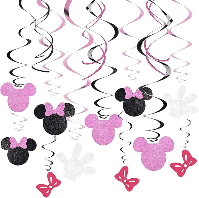 30Ct Minnie Hanging Swirl Decorations - Ceiling Streamers for Mouse Birthday Party – Mini Mouse Theme Party Supplies – Party Favors for Kids - Glitter Pink, Black Decor