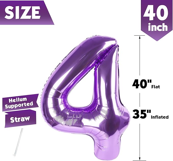 40 Inch Purple Number 4 Balloon, Giant 4 Number Balloons for 4th Birthday Decorations, Party Supplies for Baby Boy Girl, Purple Party Decor