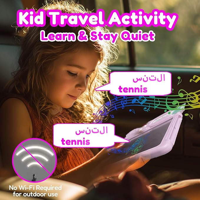 Drawing Tablet with Bilingual Flashcards for Kids - Arabic English Talking Flash Cards, LCD Writing Pad Board, Pocket Speech for Toddlers, Learning Toy Gift for Boys Girls (Arabic, Pink)