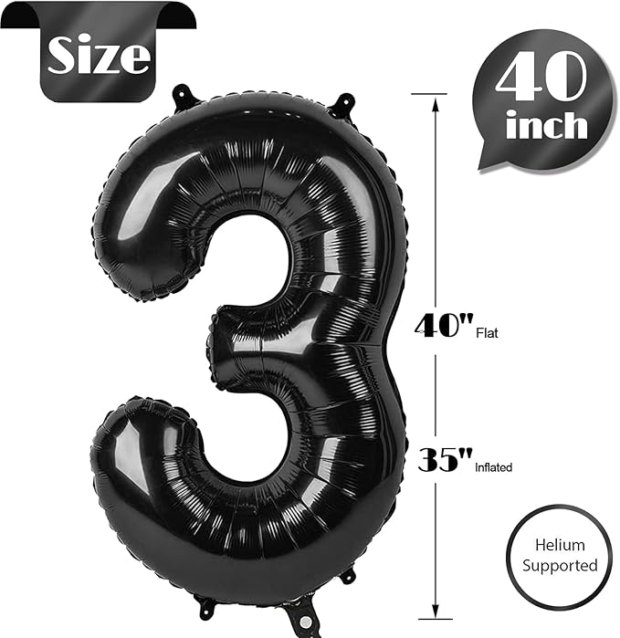 3 Balloon, Black Number Balloon 40 Inch, 3rd Three Year Old Birthday Deco, Black Party Supplies for Party Decorations, Number 3 Balloon