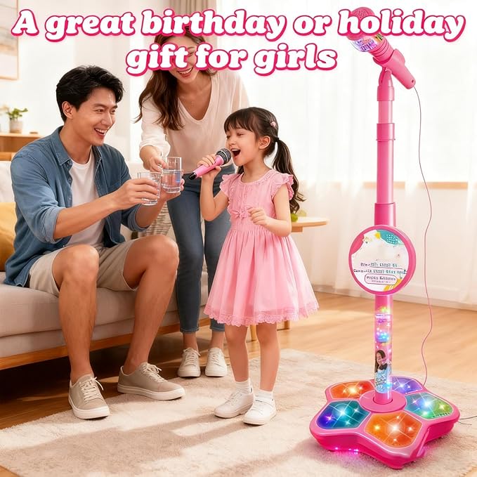 Kids Microphone with Stand, Microphone for Kids, All-in-One Microphones Toy with Flashing Stage Light Base, Got Built-in Music, Colorful Lights, Echo Effects, Portable Karaoke Machine (Pink)