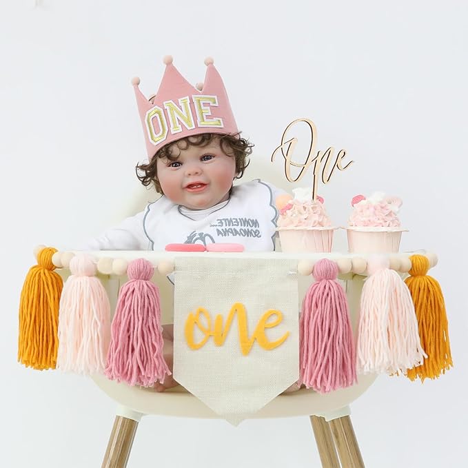 Baby Girls Pink Yellow 1st High Chair Banner Wood Bead Tassel Garland Crown Hat Wooden Cake Topper Birthday Party Decorations