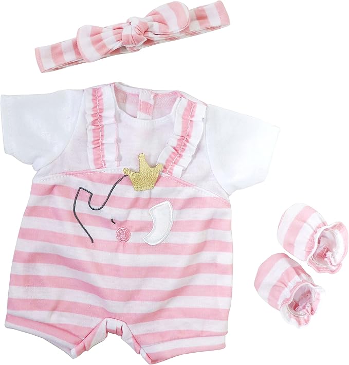 JC Toys | Berenguer Boutique | Baby Doll Outfit | Pink Stripes and White Overall Shorts | Includes Headband and Booties | Ages 2+ | Fits Dolls 14"- 16"