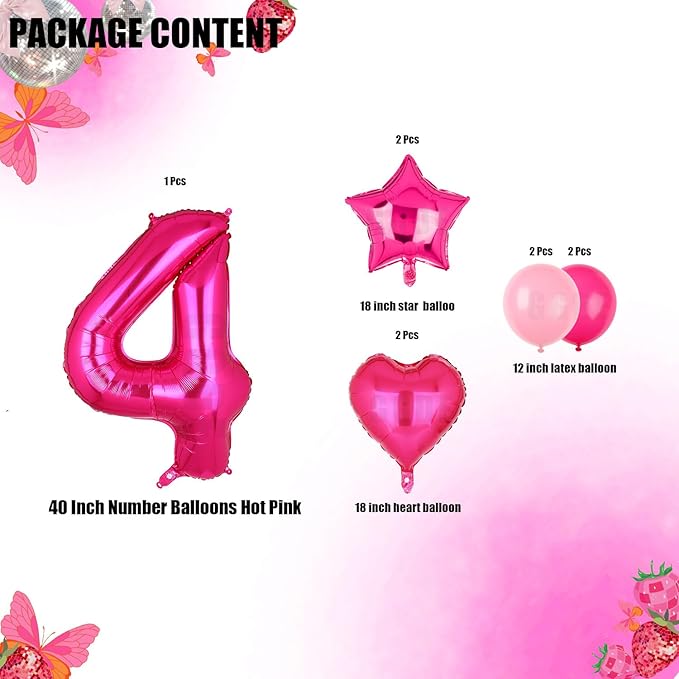 40 Inch Number Balloons Hot Pink 4 Large Number Balloon Anniversary Event Celebration Bachelorette Cowgirl Let's Go Girls Pink Themed 4th Birthday Party Decor Supplies 9 Pcs