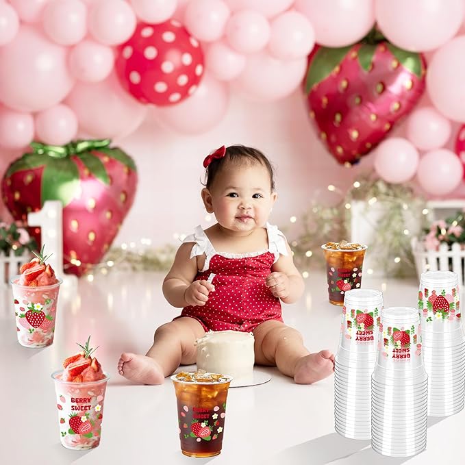 100 Pcs Strawberry Plastic Disposable Party Cups, 12 oz Pink and Red Strawberry Designs for Summer Spring Party, Birthday, Baby Shower Supplies