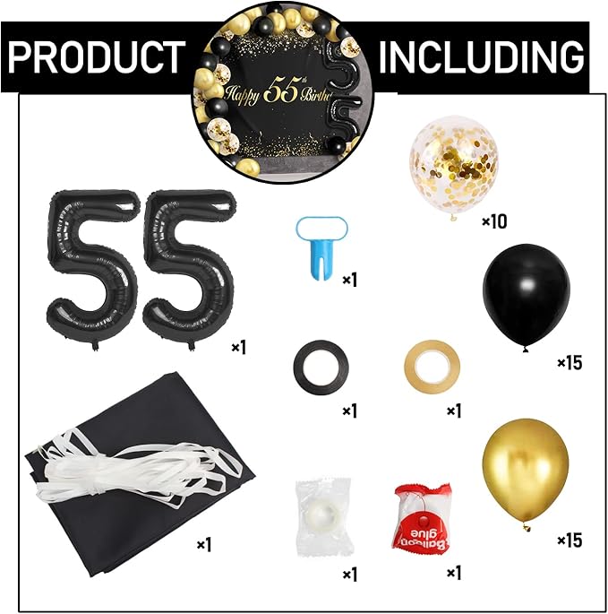 Happy 55th Birthday Balloons Black Set Decor - Cheers to 55 Years Old Party Theme Garland Banner Backdrop Decorations For Women and Men Supplies