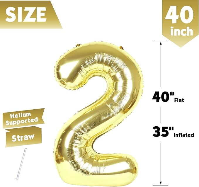 40 Inch Champagne Gold Number 2 Balloon, Giant 2 Number Balloons for 2nd Birthday Decorations, Party Supplies for Baby Boy Girl, Champagne Gold Party Decor