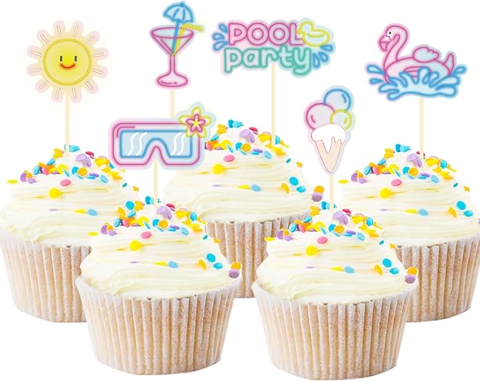 30 Pack Summer Themed Party Cupcake Toppers Neon Summer Party Decorations Picks for Hawaii Beach Pool Theme Wedding Baby Shower Birthday Party Supplies (Pool)