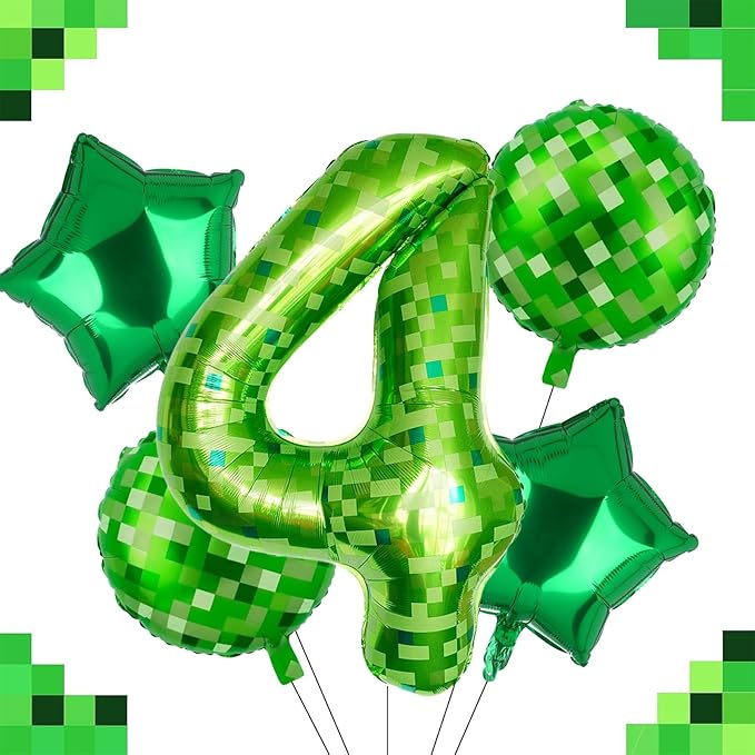 40 Inch Green Pixel Miner Number 4 Foil Balloon Set 5Pcs Large Mylar Mining Theme 4th Number Balloons Pixel Cubes Video Game Birthday Party Decorations