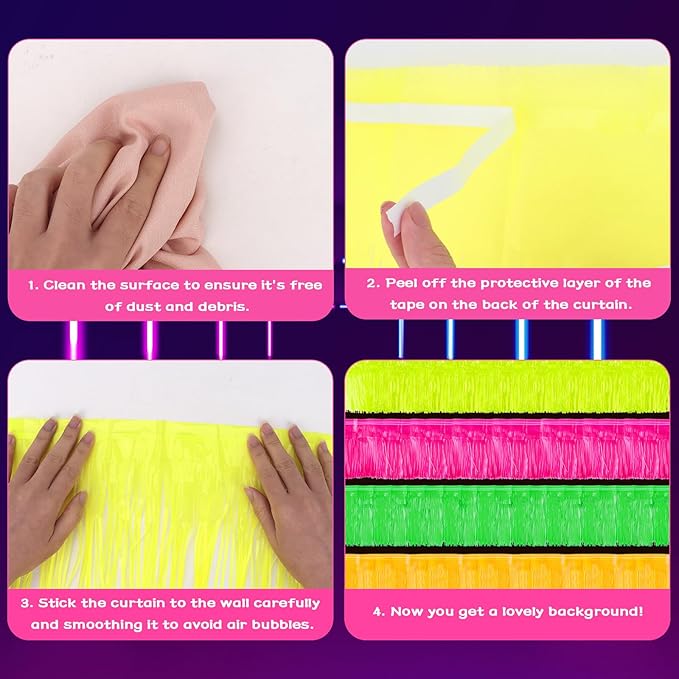 Wecoe 4 Pack Glow in The Dark Party Streamers Pink Yellow Green Orange Foil Fringe Garland Banner Table Skirts 80s 90s Disco Birthday Party Supplies Parade Float Decorations Halloween Decor