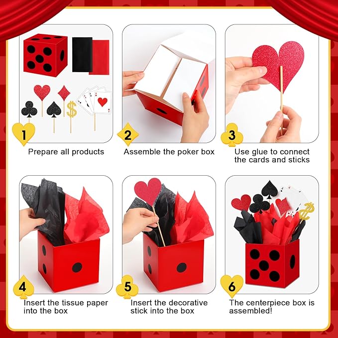 Zhanmai 12 Set Casino Theme Party Decorations 6 x 6 x 6 Inch Paper Poker Boxes Casino Centerpiece Sticks for Table Game Theme Night Decoration Gift Box for Poker Birthday Party Supplies