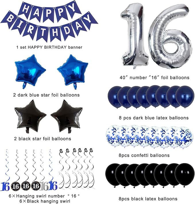 16th Birthday Decorations for Boys and Girls Dark Blue, HAPPY BIRTHDAY Banner Silver Number 16 Balloons, Deep Blue Theme Party for Him - 16 Years Old Birthday Party Supplies Kit for Her