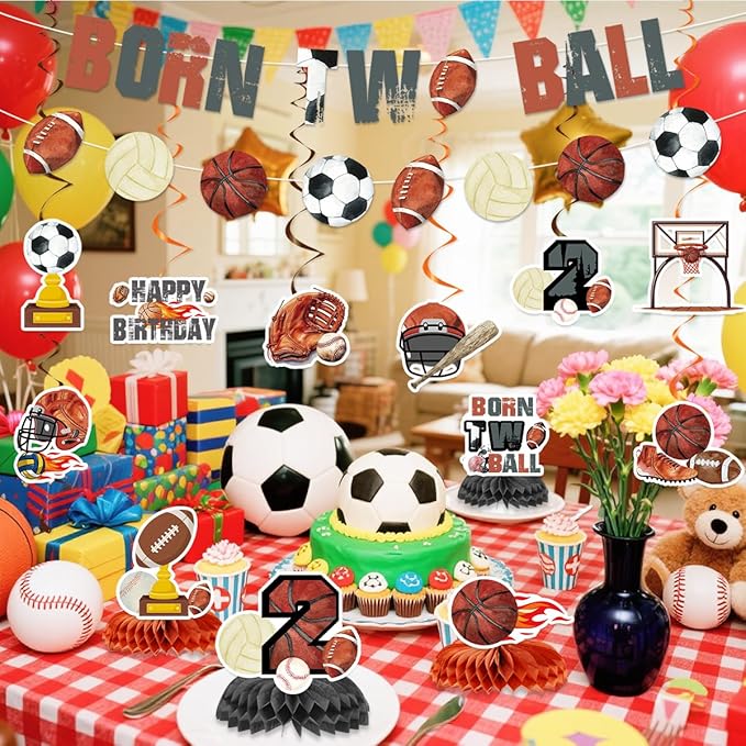 Born 2 Ball Birthday Decorations Include Born Two Ball Banners Hanging Swirls Honeycomb Centerpiece Ball 2nd Birthday Sports Theme Party Supplies for Boys