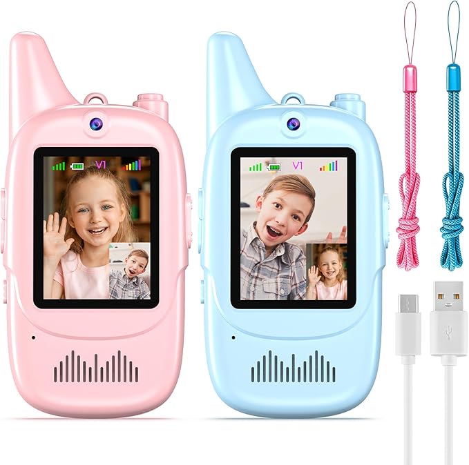 Video Walkie Talkies for Kids 2 Pack, Handheld Games for Kids, Intercom with Voice Changer, Long Range Outdoor Family Games, Camping, Hiking, Travel Toys Gifts for Boys and Girls Ages 3-12