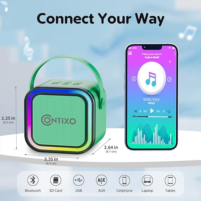 Contixo KS1 Mini Karaoke Machine for Kids, Portable Bluetooth Speaker with 2 Wireless Microphones & Dynamic Lights for Boys & Girls, Home Party Entertainment Toy (Green)