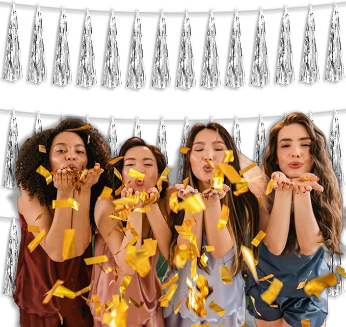 3P Metallic Fringe Tassel Banner Garland Foil Tinsel Streamer Wall Hanging Curtain Backdrop Banners for Parade Floats,Graduation Decorations, Christmas, Wedding Party Decoration(Silver)