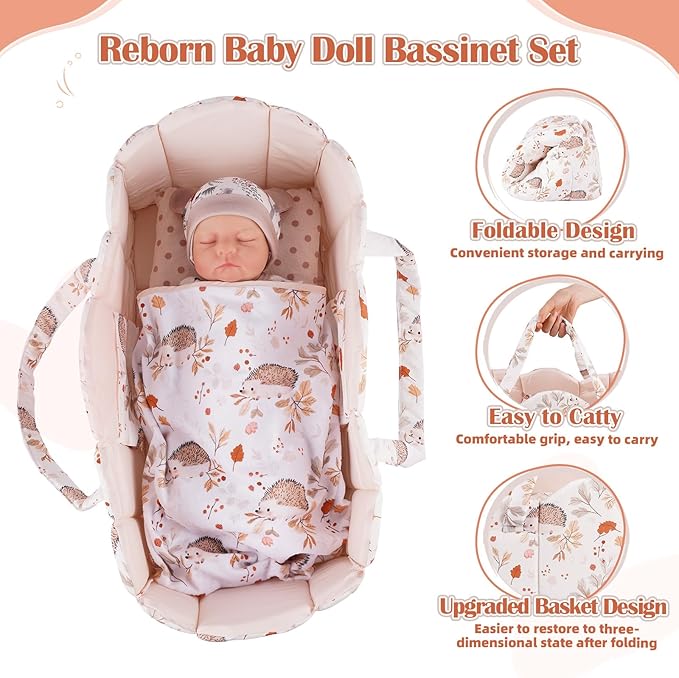 BABESIDE 3 Pcs Baby Doll Bassinet with Doll Bedding Set for 17-22 Inch Babydolls, Cute Animal Print Baby Dolls Crib with Blanket for Reborn Baby Doll Accessories, Off-White