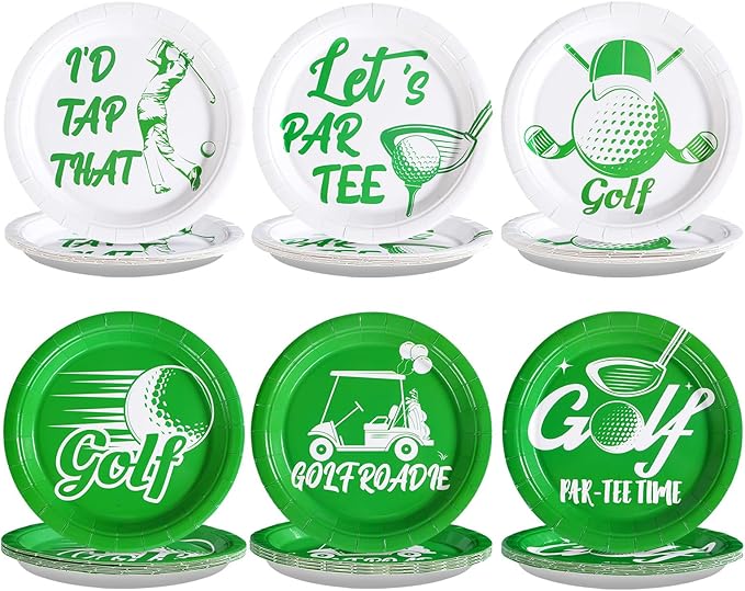 Grencian 60Pcs Golf Party Paper Plates 9" Disposable Heavy Duty White and Green Golf Symbol Dessert Paper Plates Let’s Par-Tee Birthday Tableware Set for Par-Tee Kids Birthday Sports Party Supplies