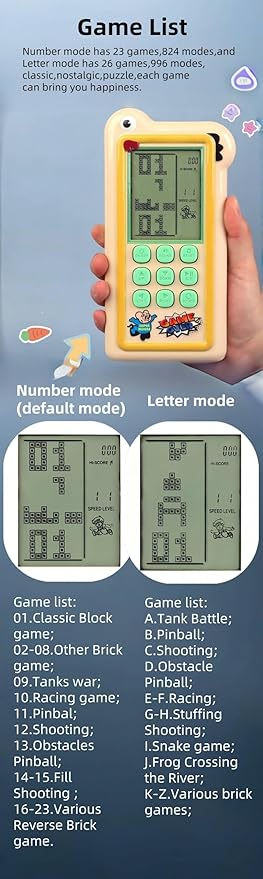 Cartoon Block Game Console Big Screen 23/26 Bricck Game Dual Mode Silicone Buttons Dual Powered by Rechargeable Lithium Battery/AA Retro Handheld Portable Toy Children/Teens Gifts (Khaki)