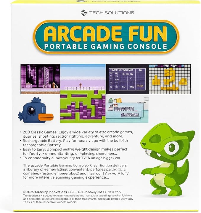 Tech Solutions Arcade Fun Portable Gaming Console, 200 Classic Games, Clear Transparent Design, Rechargeable Battery, TV Connectivity, Ages 8+, with AV and USB Cables