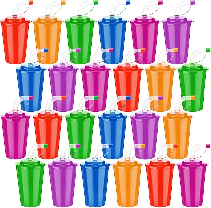 Zubebe 24 Pcs Neon Straws Cups 12 oz Colorful Neon Cups with Sipper and Lids Plastic Favor Reusable Straw for Birthday Party Events Supplies, 6 Colors
