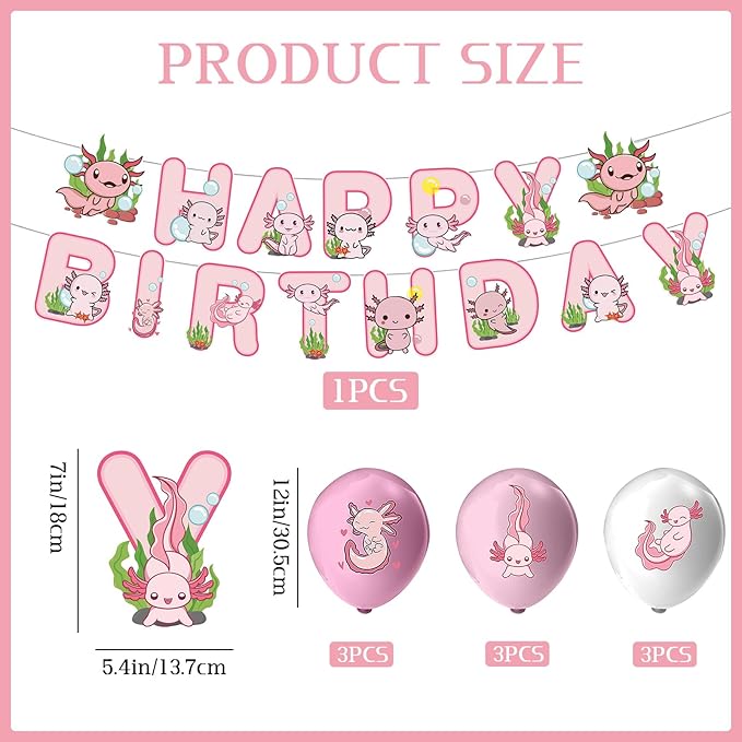 39 Pcs Axolotl Party Decorations, Include Pink Cute Cartoon Animals Happy Birthday Banners, Spiral Ornaments, Cupcaketoppers, Pink Axolotl Balloons for Birthday Party Supplies
