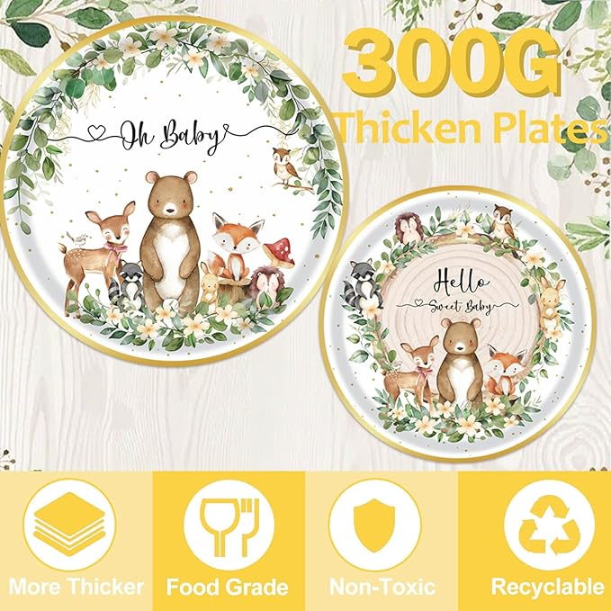 Woodland Baby Shower Party Supplies - 350 Pcs Safari Jungle Animal Wild Animal Party Decorations Nature Sage Plates Napkin Cups Spoons Forks Knives Tableware Set, Serves 50 Guests