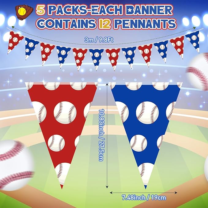 Faccito 5 Pack Baseball Banners Party Decorations Sports Championship Pennants Hanging Decor Themed Triangle Flags Athletics Game Garland for Birthday Party Supplies (Multicolor)