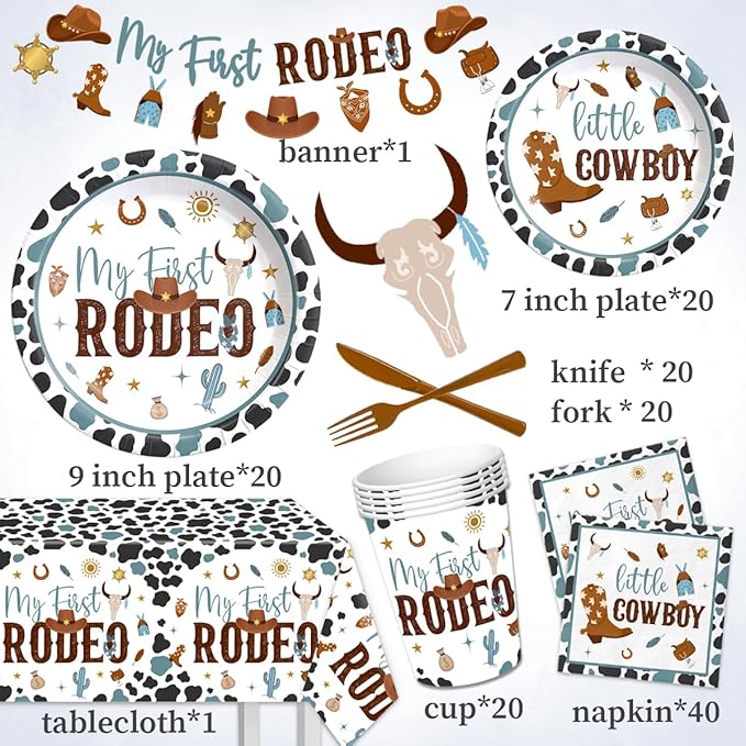 My First Rodeo Birthday Party Supplies Boy-142Pcs Western Cowboy Tableware 1st Rodeo Birthday Party Decorations Blue My First Rodeo Baby Shower Dinnerware for Boy